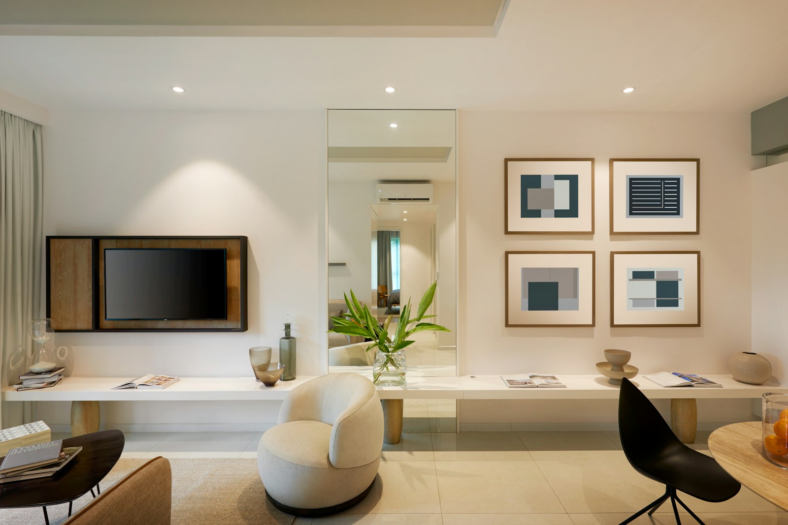 Minimal modern condo living room filled with natural light